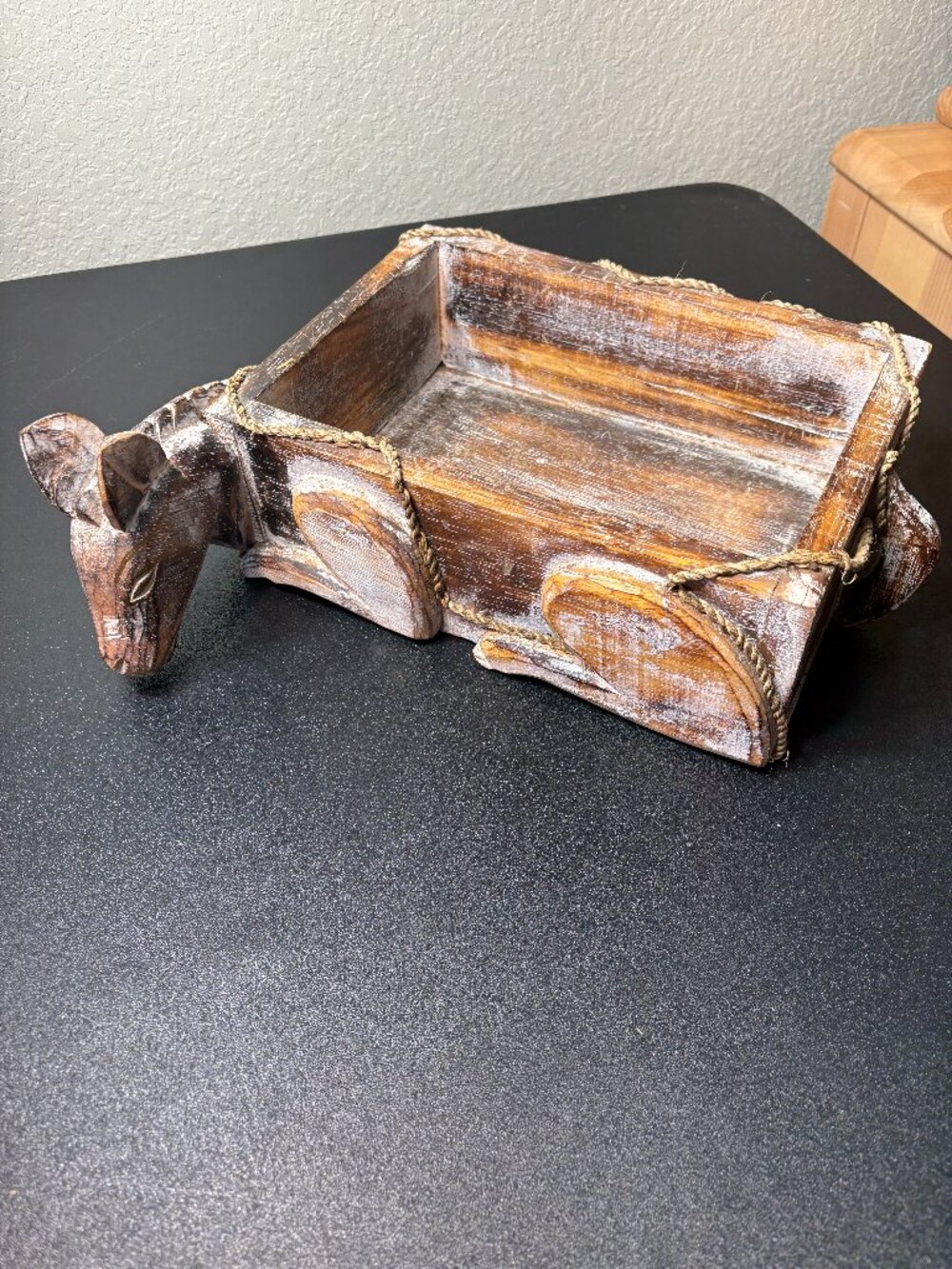 Vintage Primitive Folk Art Wooden Carved Donkey Basket/Planter